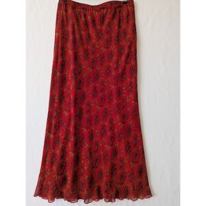 SILKS by ISC Red Floral Maxi Skirt  100%Silk Elastic Waist XL Pull On Lined 90s